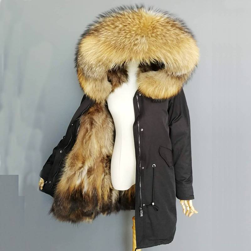Parka in vera pelliccia di procione con colletto foderato, taglia grande, da donna_voghion.com