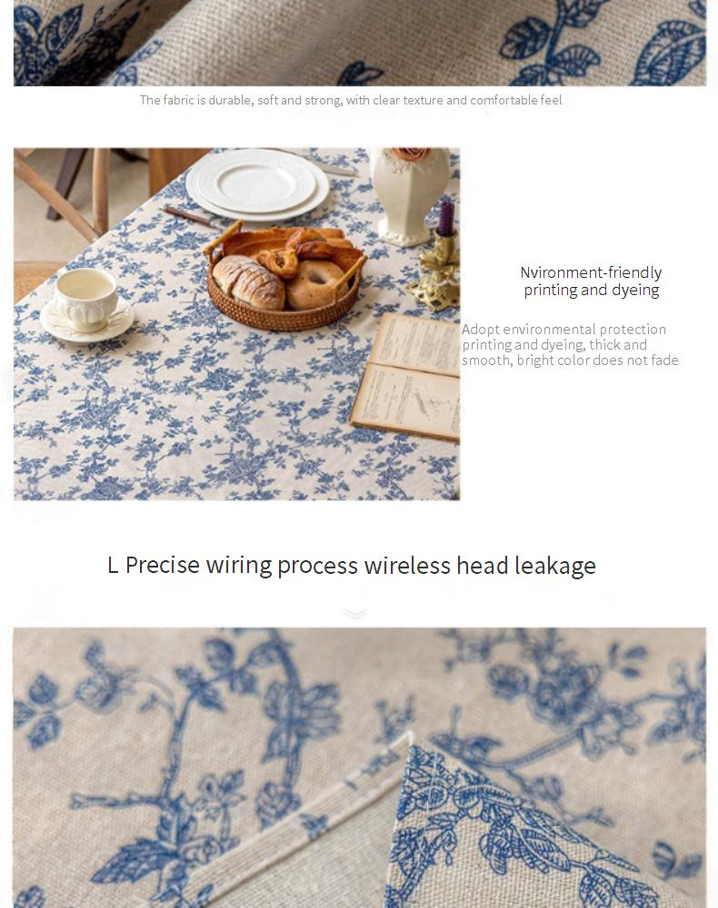 Blue Floral Tablecloth - Cotton Linen Rectangular Cover (Scandinavian Style Vintage Farmhouse Photo Backdrop Dorm Decor)_voghion.com