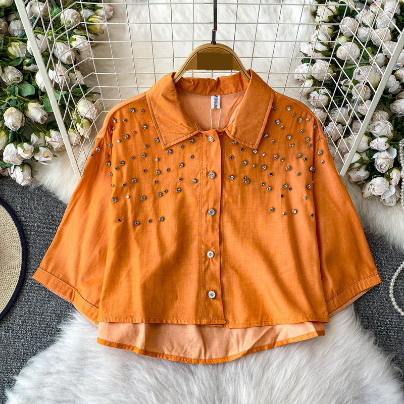 Luxe blouse met versieringen voor dames, statement revers, top met halflange mouwen, 8 levendige kleuren (zwart/groen/rood/meer) voor op kantoor en een avondje uit_voghion.com