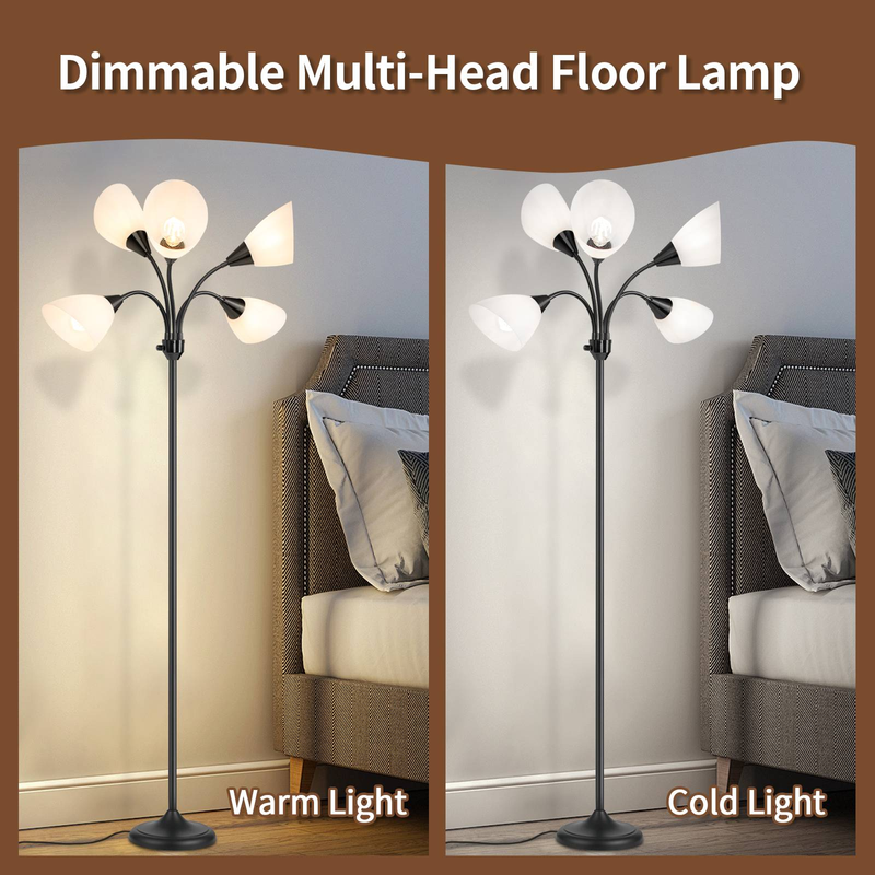 Lampadaires Medusa, lampes sur pied, 5 têtes réglables, lampe de lecture, grand abat-jour, ampoule E26 A19, pour salon, chambre à coucher (noir)_voghion.com