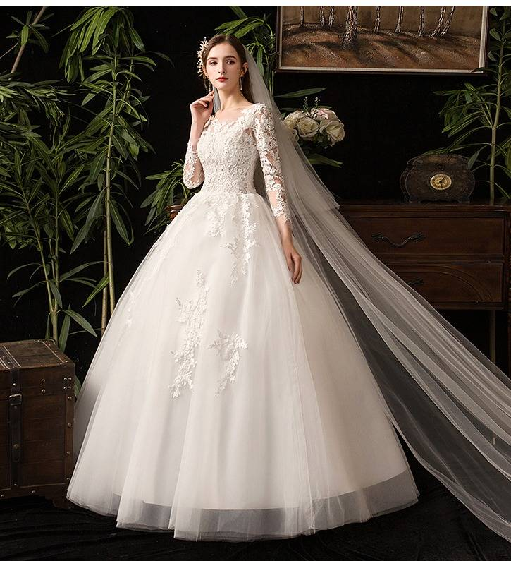 Elegant Long Sleeve Lace Wedding Dress For Bride, Princess Ball Gown With French Style, Plus Size Available_voghion.com