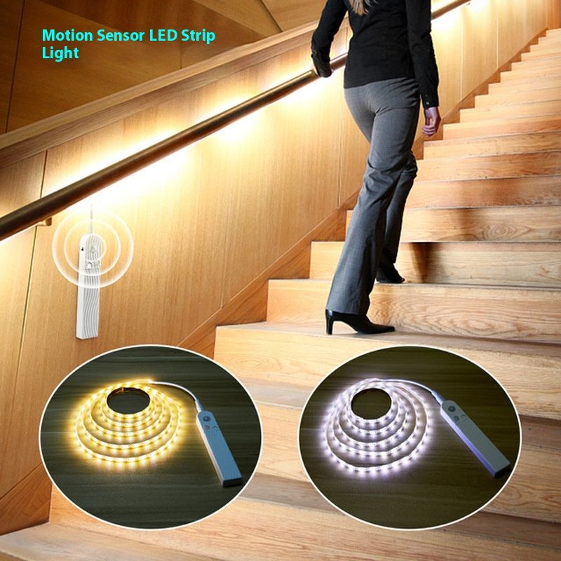 Tira de luces LED con sensor de movimiento, alimentada por USB y batería, 60 LED/m, detección de 120° para armarios, escaleras y gabinetes (longitud personalizada de 0,5 a 5 m)_voghion.com