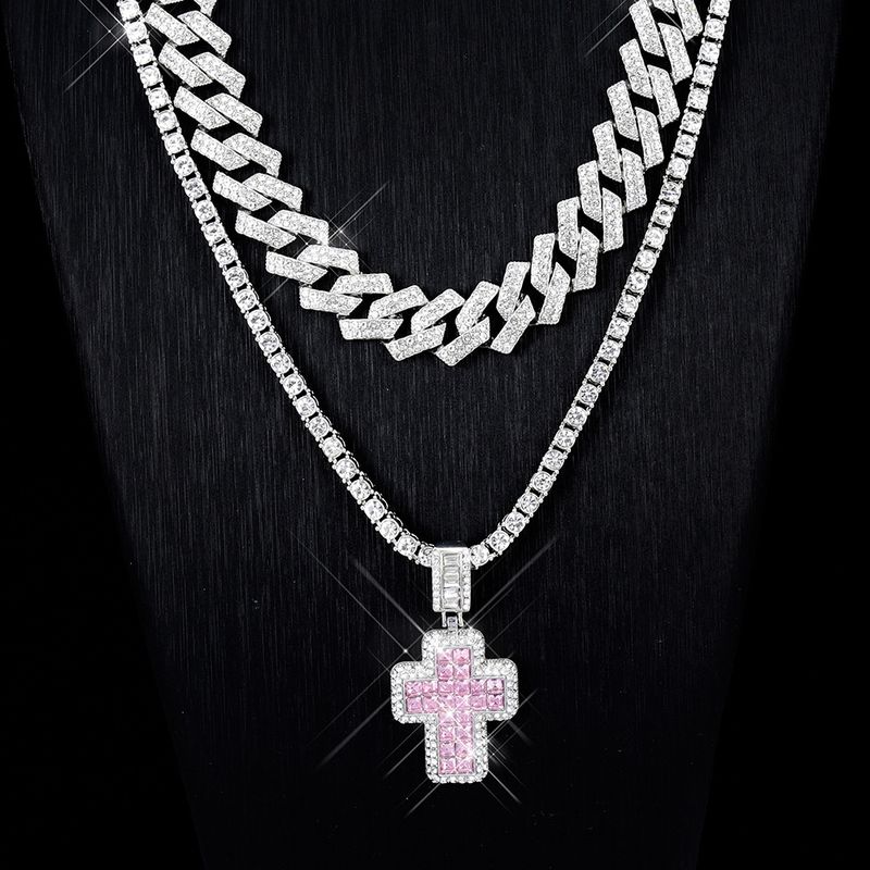 Pandantiv cruce roz cu personalitate în stil nou, cu lanț cubanez cu diamant, set de lanțuri de tenis, accesorii hip-hop în stil stradal din aliaj_voghion.com