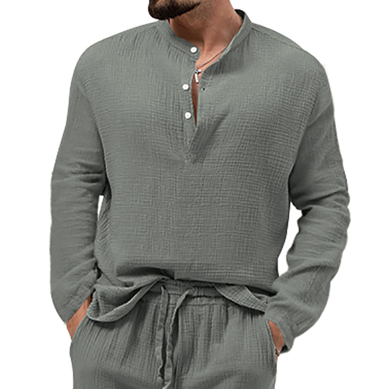 Camicia casual da uomo in tessuto a bolle, a maniche lunghe, tinta unita, con bottoni, tendenza 2023_voghion.com
