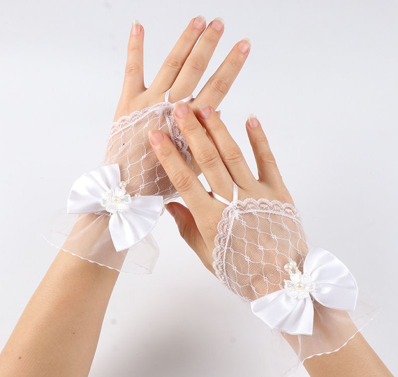 Abito da sposa corto Lolita senza dita con fiocco in pizzo nero e rete_voghion.com