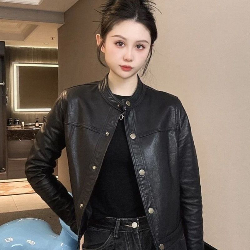 Veste Haining pour femme, style coréen, version courte, petite taille, col montant, veste de moto en cuir, printemps 2025_voghion.com