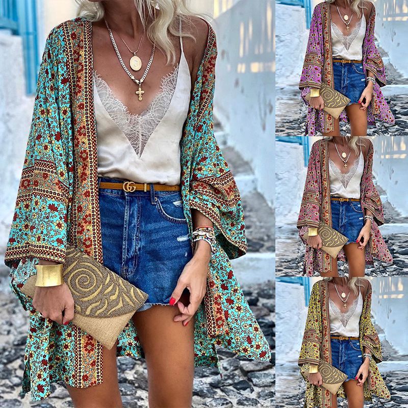 Women's Thin Loose Bohemian Long Sleeve Printed Mid length Cardigan_voghion.com