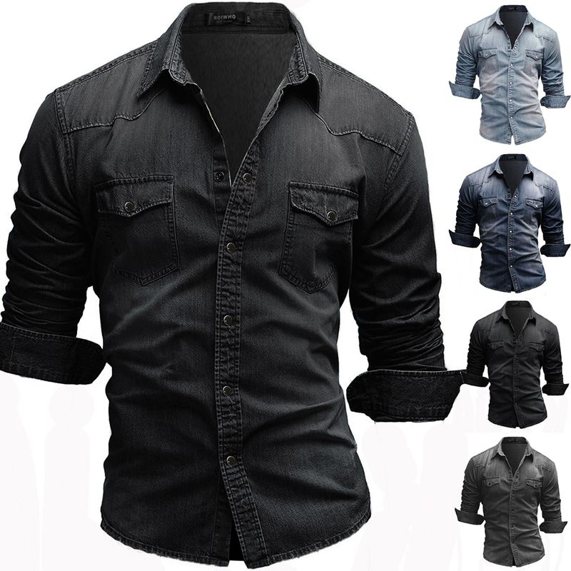 Herrenbekleidung Einfaches langärmeliges Jeanshemd für Herren in Übergröße_voghion.com
