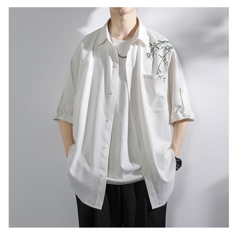 Camicia bianca a maniche corte, giacca da uomo alla moda in seta ghiacciata ad asciugatura rapida, camicia a maniche a 7 quarti, estate_voghion.com