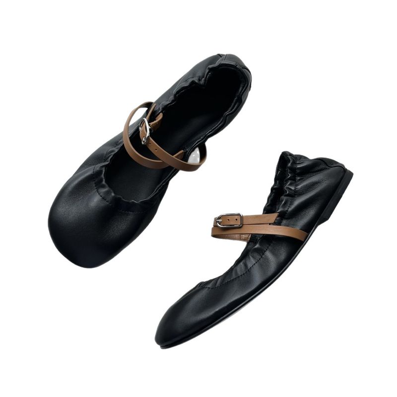 H Unlabeled One-Strap Round-Toe Mary Jane For Women 25 New Soft Genuine Leather Flat Single Ballet Shoes_voghion.com