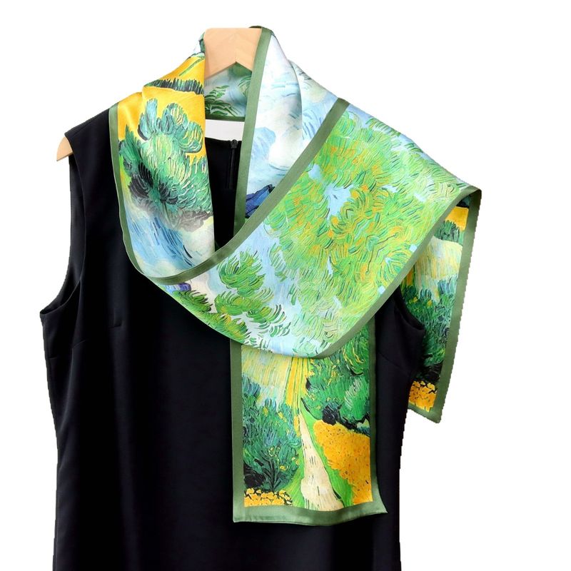 Sciarpa a doppio strato con nastro da collo in seta di gelso, stretta e lunga, con campo di grano verde dipinto a olio_voghion.com