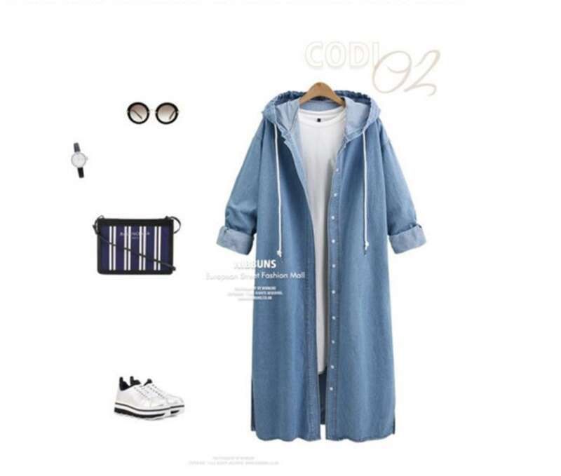 Spring And Autumn New Product Hooded Loose Long Sleeve Cowboy Jacket Women's Single Breasted Medium Length Solid Color_voghion.com