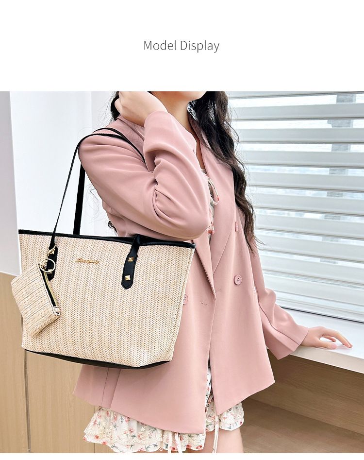 Borse da donna, borsa di paglia di grande capacità, per pendolari, per donne, madre e bambino, set da 2 pezzi, borsa da ascella con colori a contrasto_voghion.com