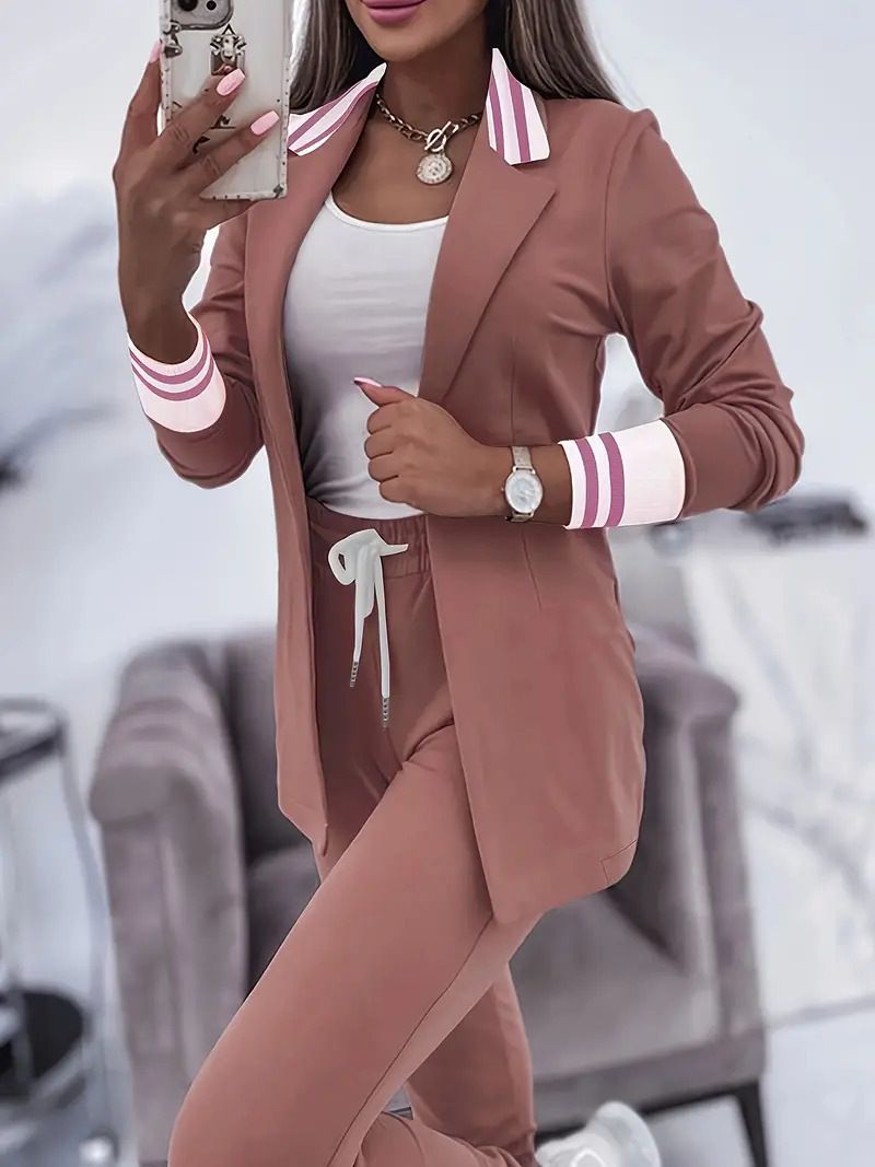 Dameskleding Niche Design Contrasterende Kleur Knoop Lange Mouw Pak Jas Slim Los Lente Nieuw Pak_voghion.com