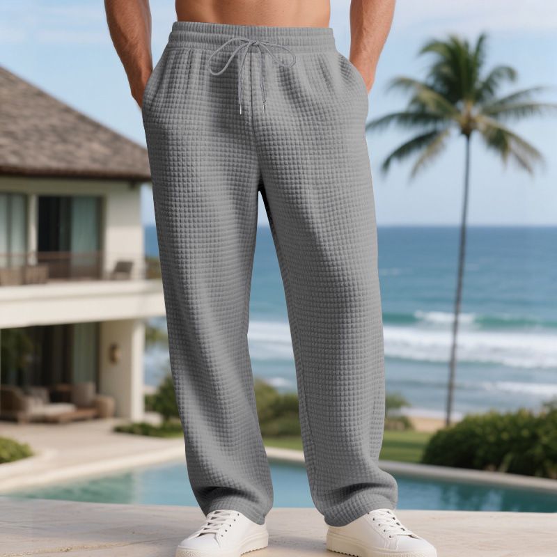 Men’s Jacquard Checkered Casual Pants – Classic Straight-Leg Trousers With Drawstring Waist (95% Polyester, Wrinkle-Free, White/Navy/Army Green)_voghion.com