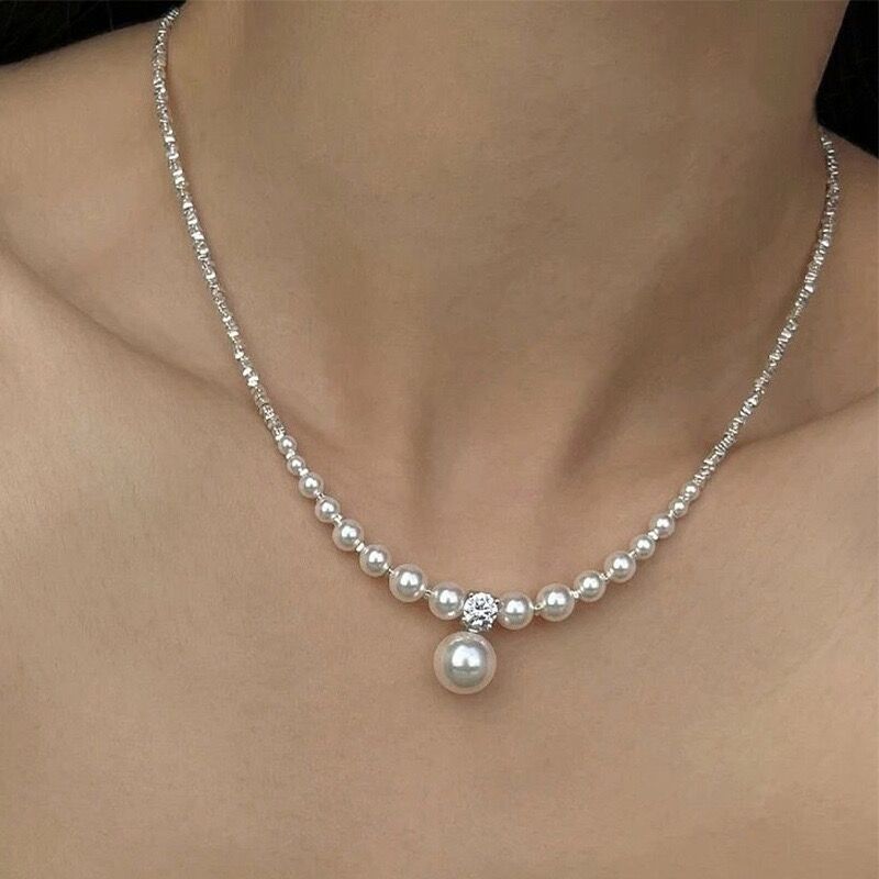 Collar de perlas de metal plateado de alta calidad para mujer, estilo francés popular, collar de temperamento simple y versátil, collar de clavícula_voghion.com