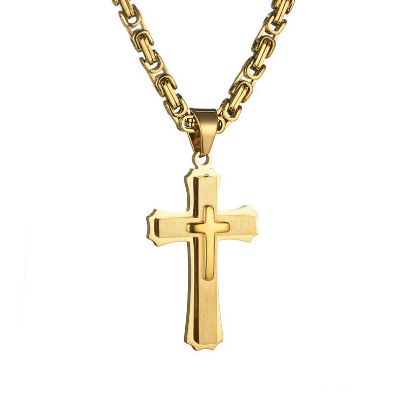 Collana audace con croce in acciaio al titanio a tre strati, accessori hip-hop da uomo_voghion.com