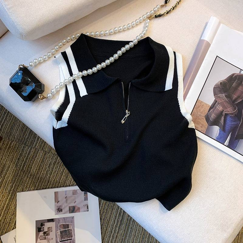 Damenbekleidung Echter Schuss des neuen Sommerdesigns Nischenkontrastfarbe Reißverschlussweste Hosenträger Strickoberteile für Frauen_voghion.com