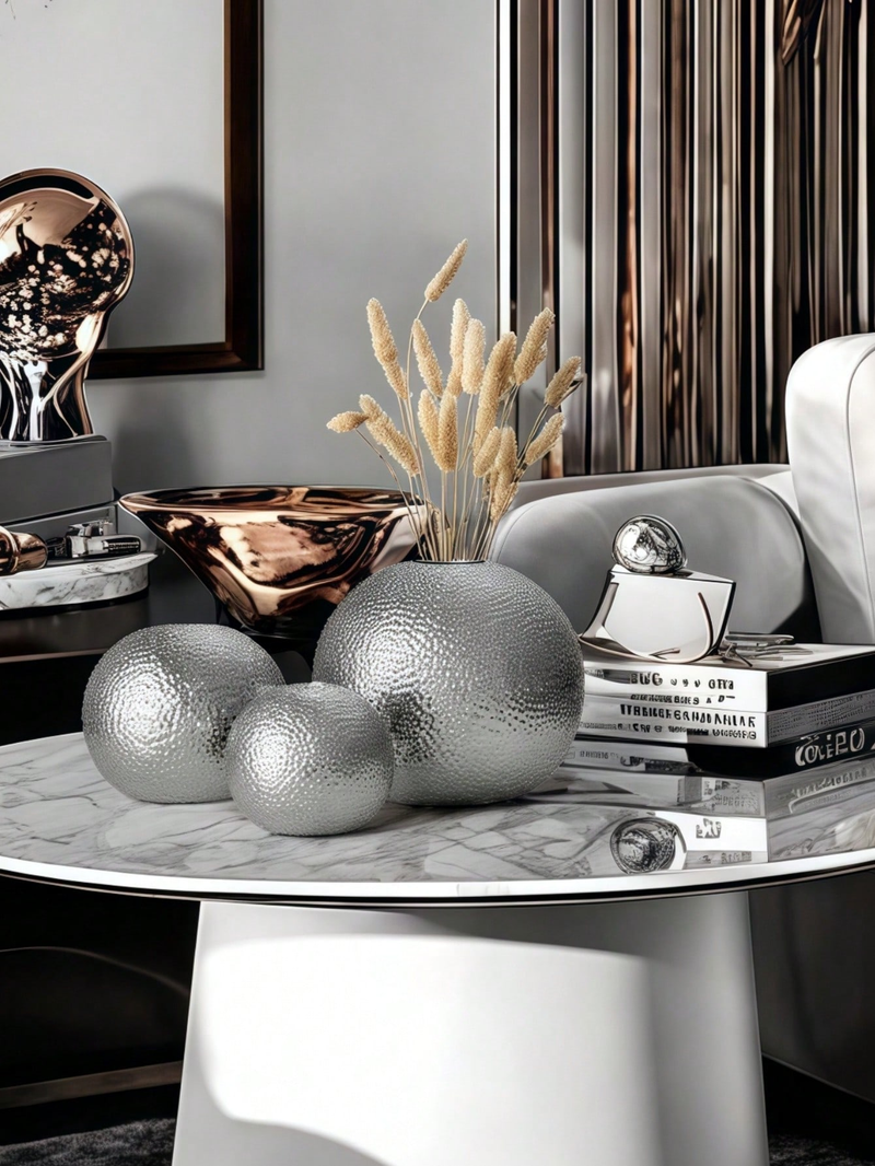 Vase en céramique argenté à pois concaves et convexes, style haut de gamme, idéal pour les décorations de scènes de luxe légères et les compositions florales._voghion.com