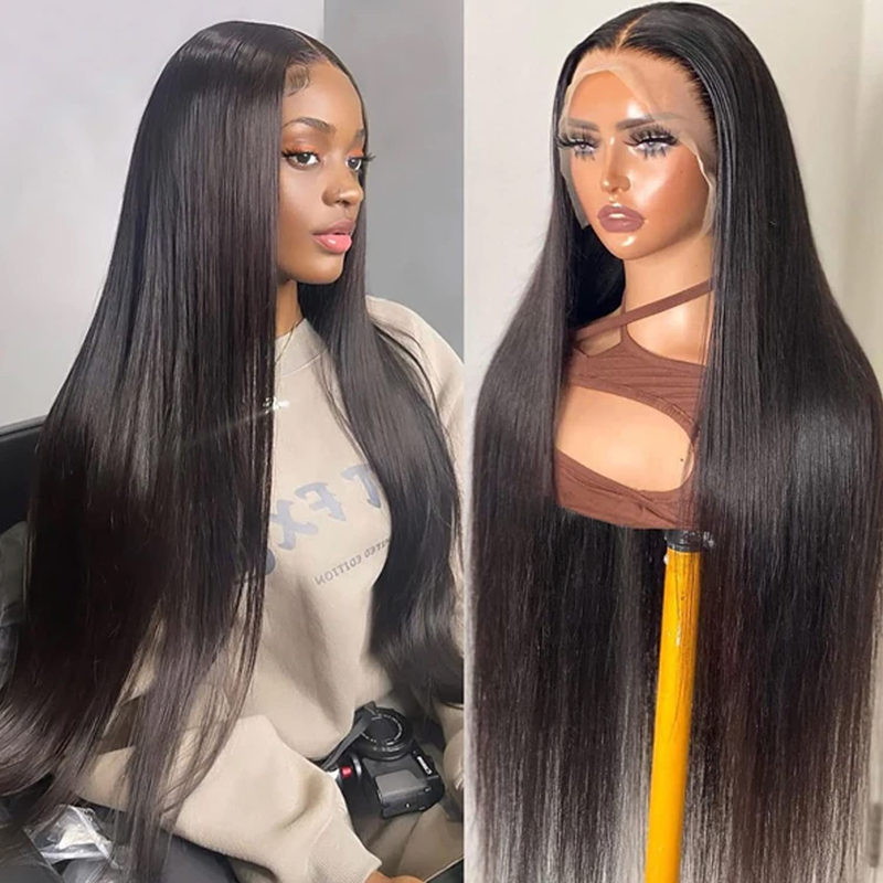 Perruque Lace Front 13×4 en cheveux humains raides – Perruque longue noire lisse de 61 cm avec raie libre, naissance des cheveux naturelle, cheveux synthétiques résistants à la chaleur pour femmes_voghion.com