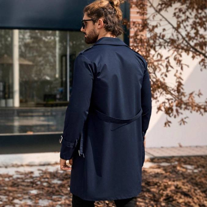 Herren Zweireihiger Trenchcoat Lang Slim Fit Lässiger Mantel Polyester Klassisch Blauer Mantel Für Herbst Frühling_voghion.com