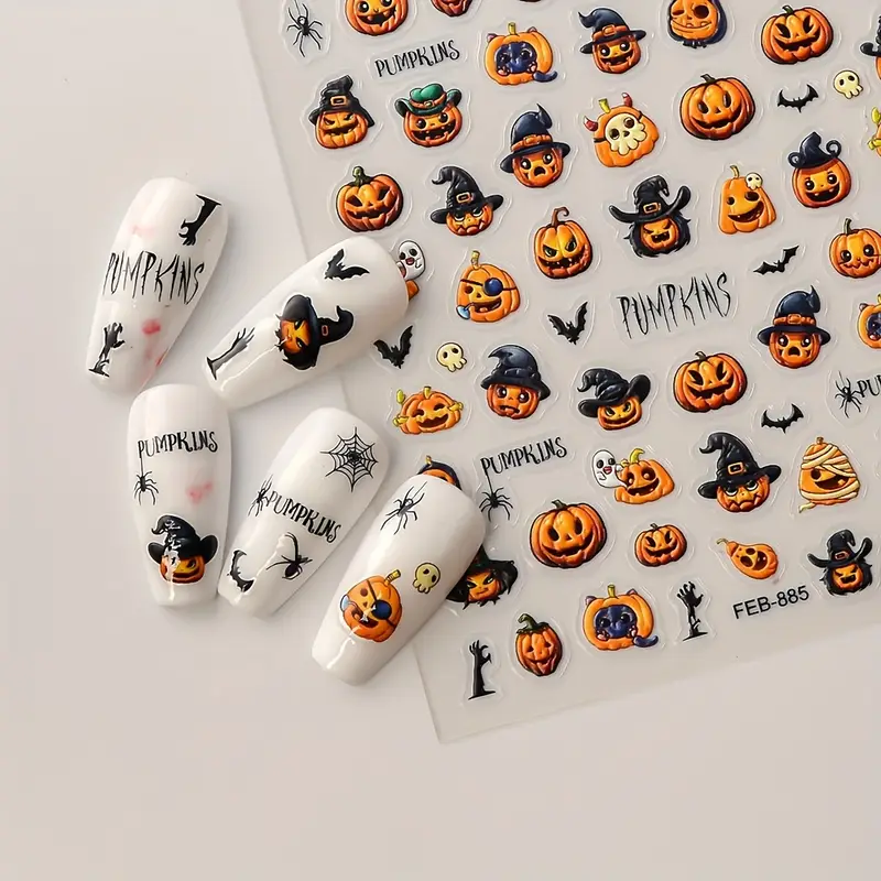 1er-Pack selbstklebende Halloween- und Nagelaufkleber – kein Kleber erforderlich, einfach anzubringen und zu entfernen, Hexen-, Fledermaus- und Totenkopf-Designs für den Herbst, Halloween-Accessoires_voghion.com