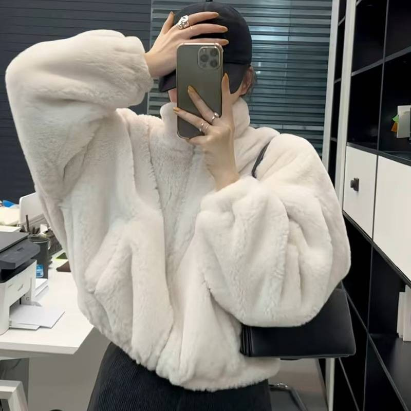 Chaqueta polar acogedora para mujer, abrigo corto de invierno con cuello alto, suave forro polar, chaqueta holgada y cálida con cremallera para looks casuales._voghion.com
