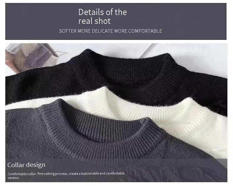 Men's Winter Knit Sweater (Minimalist Crewneck, Thickened Long Sleeve, Distressed Detailing, Dark Grey/Black/Beige, M-3XL)_voghion.com