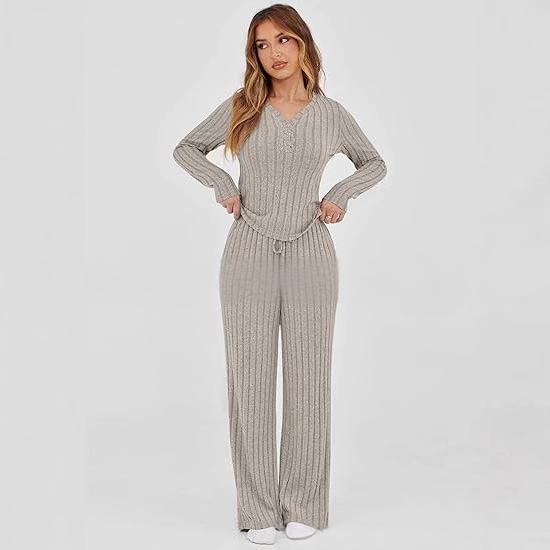 Ensemble de survêtement décontracté en tricot pour femme, haut à manches longues et pantalon ample, tenue deux pièces pour l'automne et l'hiver_voghion.com