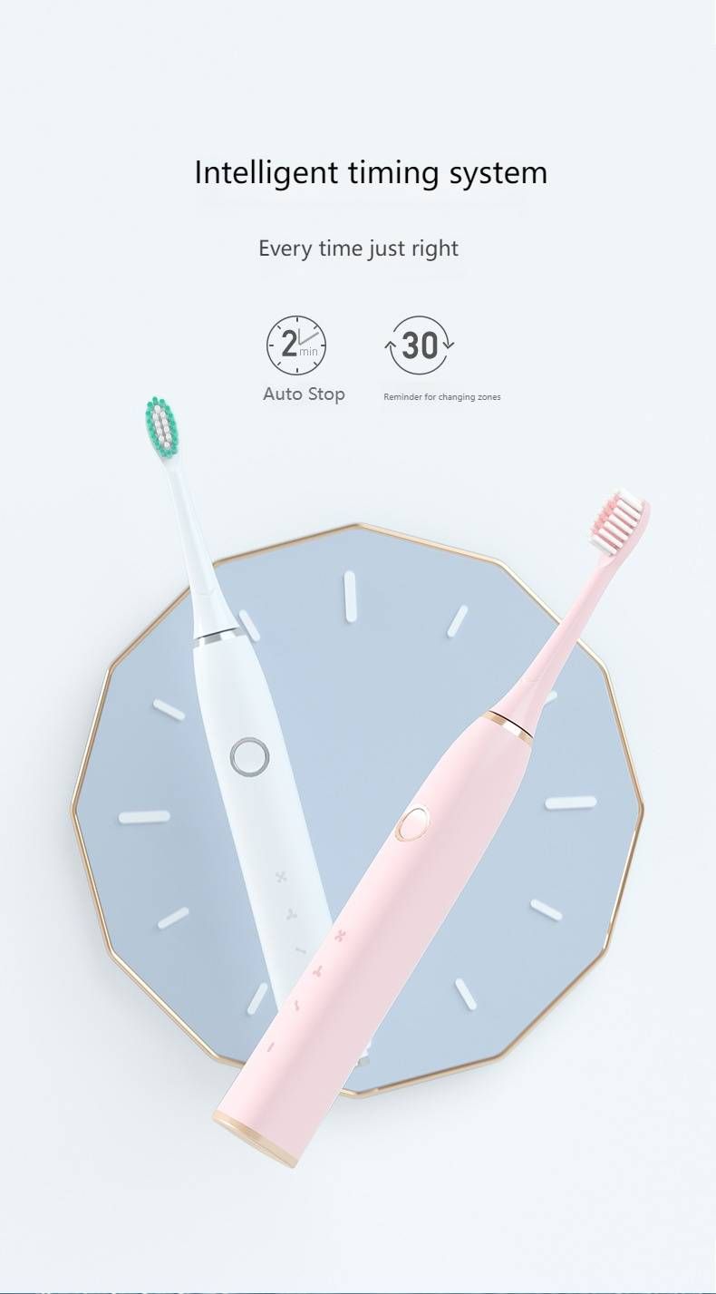 Intelligente elektrische Schallzahnbürste – 3 Modi, Akku mit über 30 Tagen Laufzeit, Aufladen über USB, weiche Borsten für empfindliche Zähne (Weiß/Pink)_voghion.com