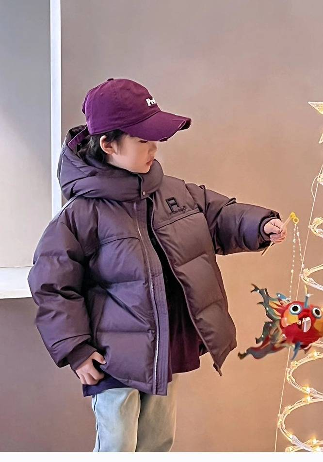 Boys' Winter Puffer Jacket – Thickened Polyester Shell With Fleece Lining, Hooded & Windproof (120-170cm, Black/Purple, Trendy Streetwear Style)_voghion.com