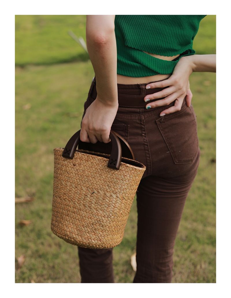 Plážová taška Vine Thai Grass, francouzská tkaná, kabelka, dřevěná rukojeť, velkokapacitní dámská taška_voghion.com