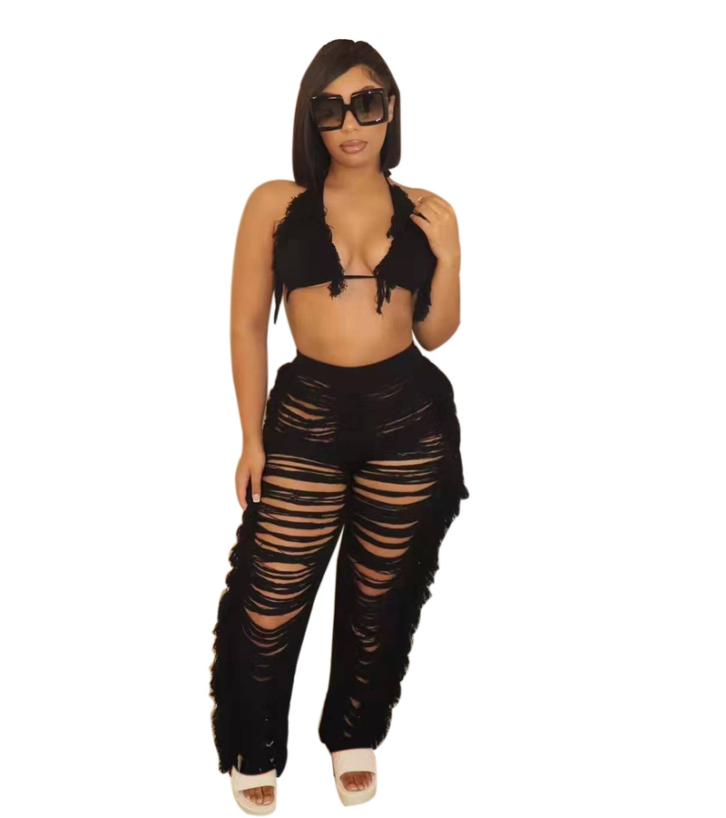 Audday TS1193 New Women's Solid Color Bikini Tassel Knitted Beach Shorts Set_voghion.com