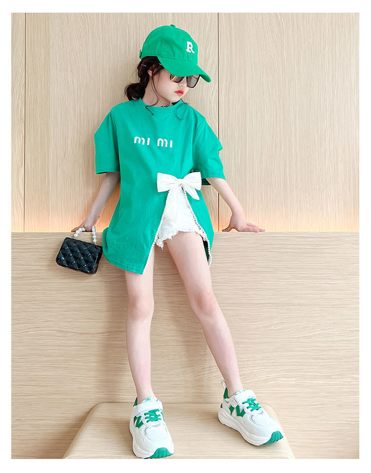 2024 Summer New Girl's Bow T-shirt length Split Korean Trendy Fashion Top Short sleeved Mid size Big Boy_voghion.com