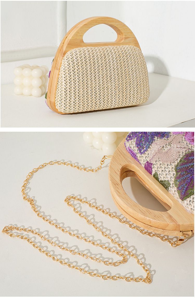 Pochette de soirée bohème en bois et osier avec tulle brodé et chaînette amovible, idéale pour les mariages bohèmes chics et les fêtes d'été._voghion.com