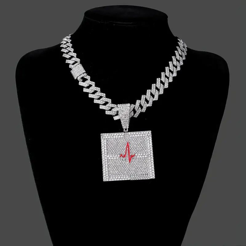 New Hip-Hop Style Oil Drop Full Diamond Heartbeat Pulse Pendant Necklace High-Quality Men's Cuban Chain_voghion.com