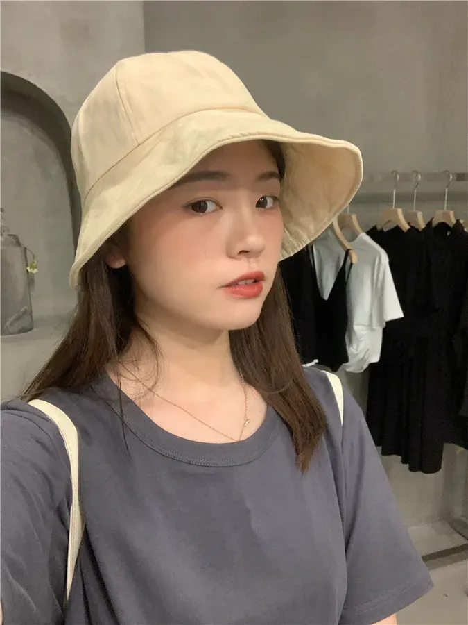 Modischer Fischerhut, faltbarer Sonnenschutz, Sonnenhut für Frauen und Damen, koreanischer runder Fischerhut mit großer Krempe, verstellbarer Sonnenhut_voghion.com