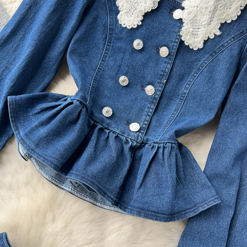 Women's Lace Doll Collar Denim Jacket + Medium-length Hip Skirt Two-piece Suit_voghion.com