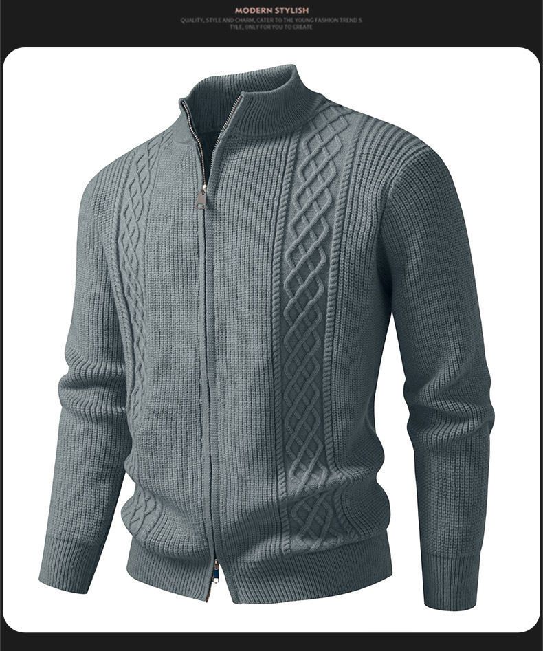 Cardigan masculino de malha jacquard com zíper duplo - pulôver de manga comprida com corte slim para uso casual e no escritório_voghion.com