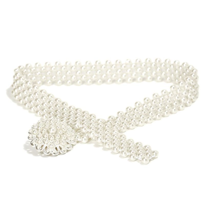 CALDA Europa e Stati Uniti Cintura Ragazza Perla Fiore Strass Ornamento Catena elastica in vita con abito bianco_voghion.com