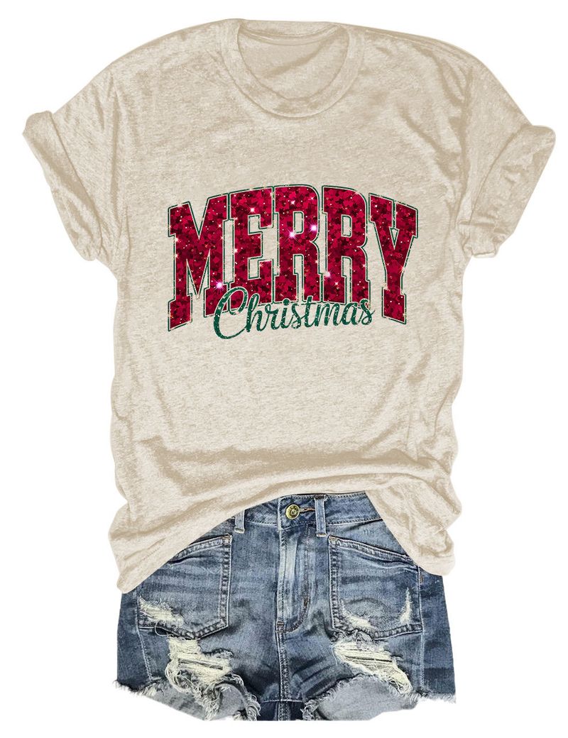 Casual Versatile Women's Merry Christmas Round Neck Short Sleeve T-Shirt Base Shirt_voghion.com