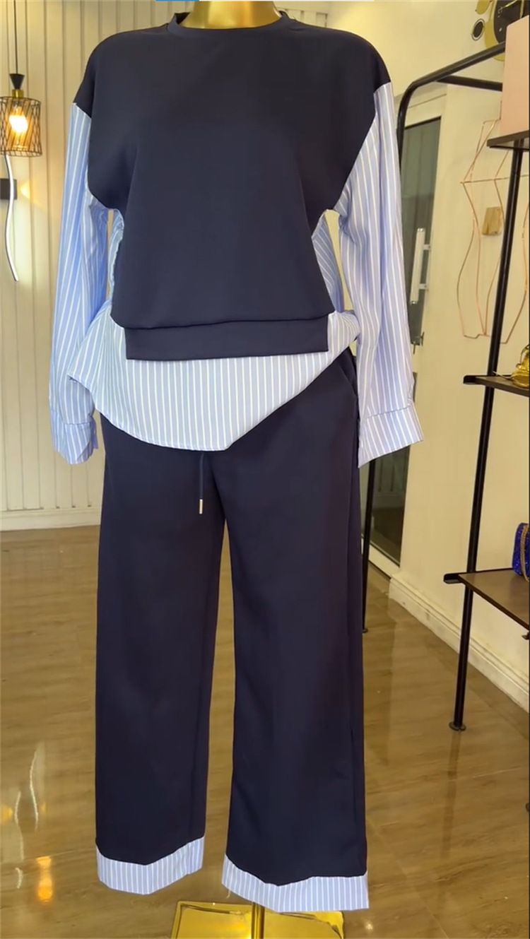 Women's Summer Casual Stripe Print High Waist Pants Set With Round Neck Blouse – Stylish & Comfortable Outfit For Everyday Wear_voghion.com