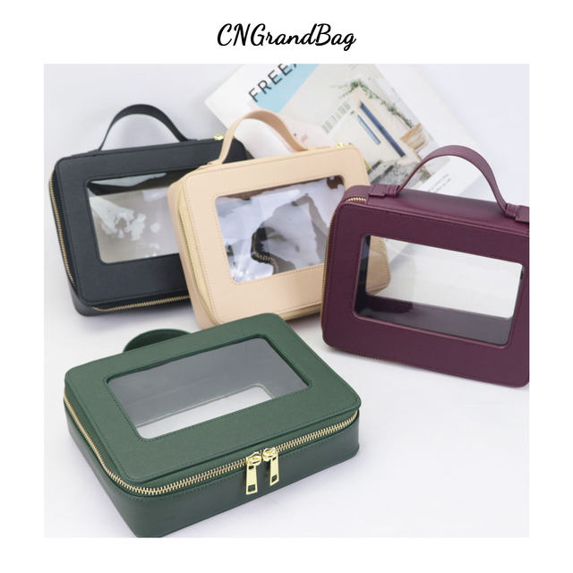 Set de geantă cosmetică personalizată din piele naturală, colorată, clasică, Saffiano, portabilă, pentru călătorii, geantă cosmetică transparentă din PVC, geantă de spălat TPU_voghion.com