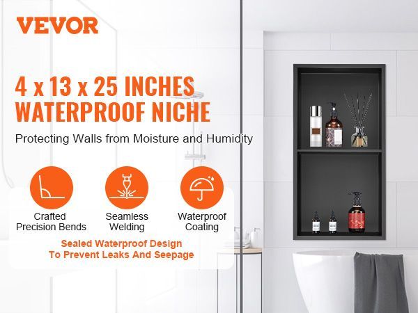 VEVOR 13"x25" No Tile Shower Niche 304 Stainless Steel, Wall-Inserted Niche Recessed Double Shelves, Sealed Waterproof Rust-Resistant Easy Cleaning Modern Niche For Shower Or Soap Storage Bathroom_voghion.com