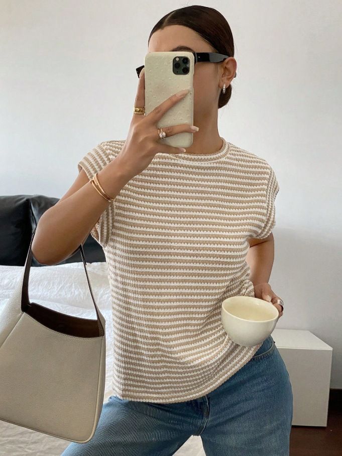 Europese en Amerikaanse grensoverschrijdende dameskleding Zomer Nieuwe gestreepte ronde hals mode trui Vleermuismouwen T-shirt Vrouwelijk_voghion.com
