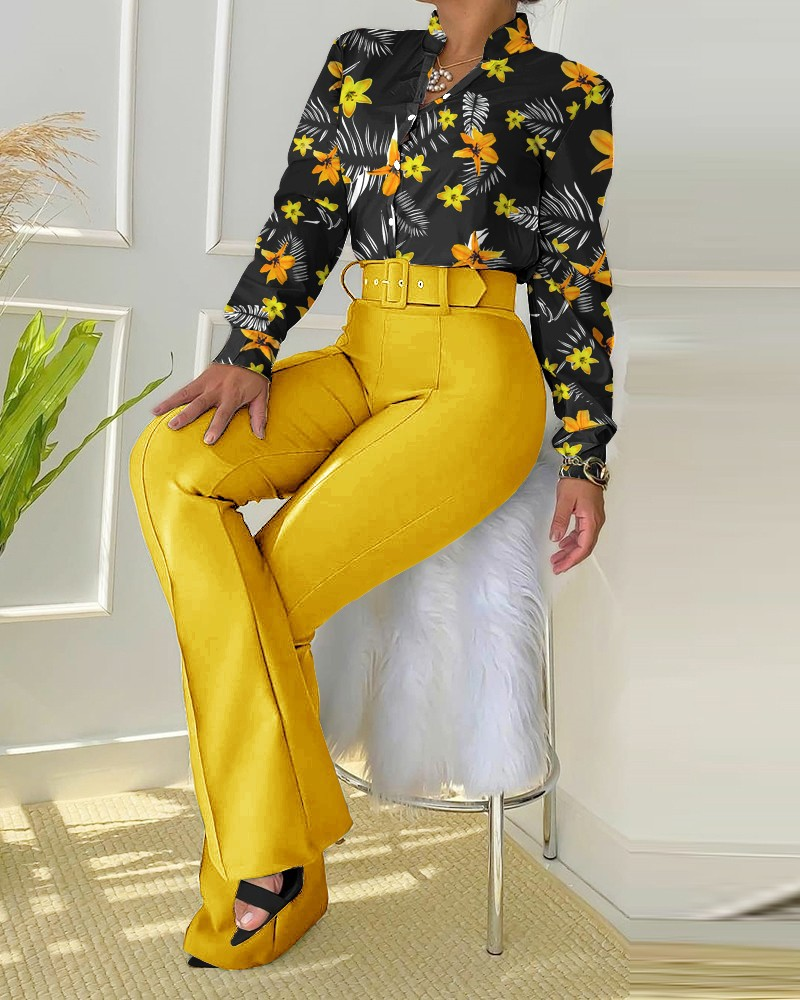 Fraen nei grenziwwerschreidend Casual Kostüm gedréckt Stand-up Kraang Langarm Shirt Top Breet Been Hosen Zwee-Stéck Set_voghion.com