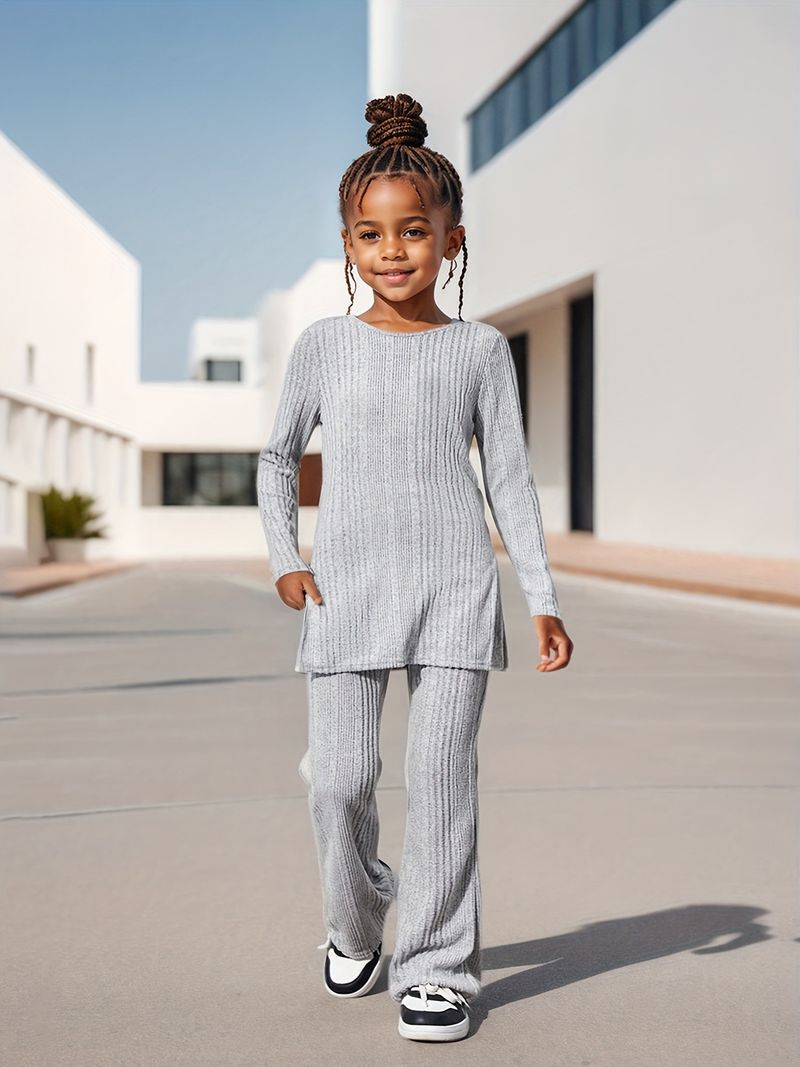 Matka a děti INS dívčí letní oblek módní pletený top s dlouhým rukávem, rozšířené kalhoty, ležérní módní dvoudílný oblek_voghion.com