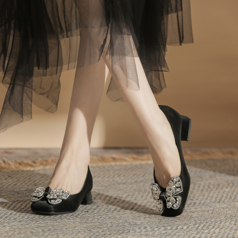 33501-30B Fairy Style Bowknot Rhinestone High-end 2025 Comfortable Versatile Square Toe Chunky Heel Women's Single Shoes_voghion.com