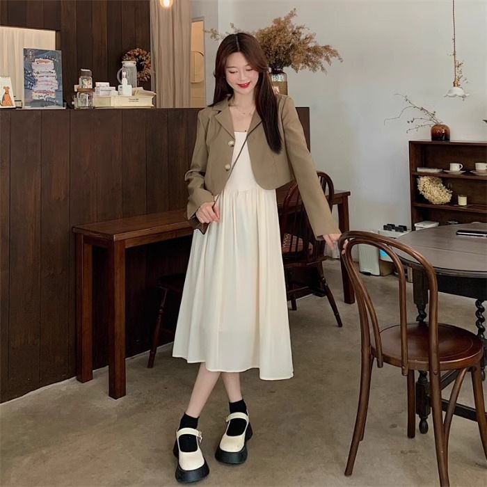 High-End Autumn Women's Suit Design Bow Tie Blazer Pure Desire Strap Dress Two-Piece Set_voghion.com