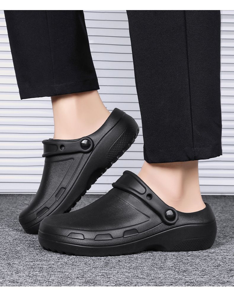 Reine schwarze Hausschuhe für Herren im Sommer, atmungsaktiv, für die Arbeit in der Küche, wasserdicht und ölbeständig, für Koch, Herren, rutschfeste Arbeitssicherheitsschuhe mit dicker Sohle_voghion.com